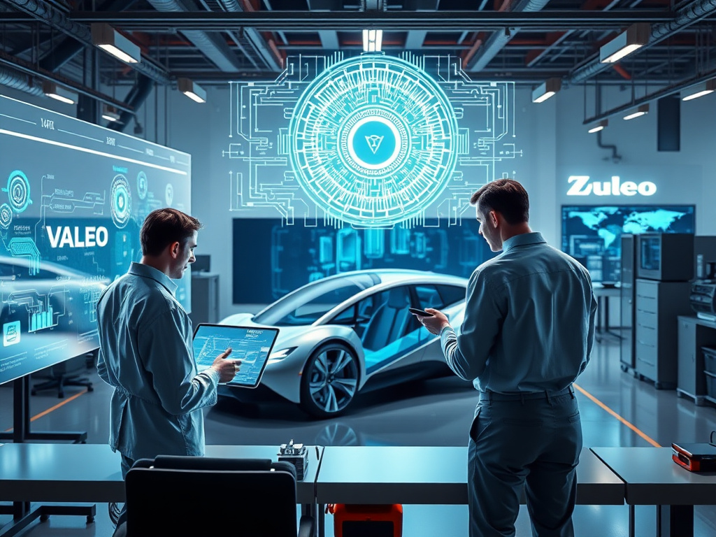 Engineers using AI-enhanced electronic design automation tools in a modern automotive lab