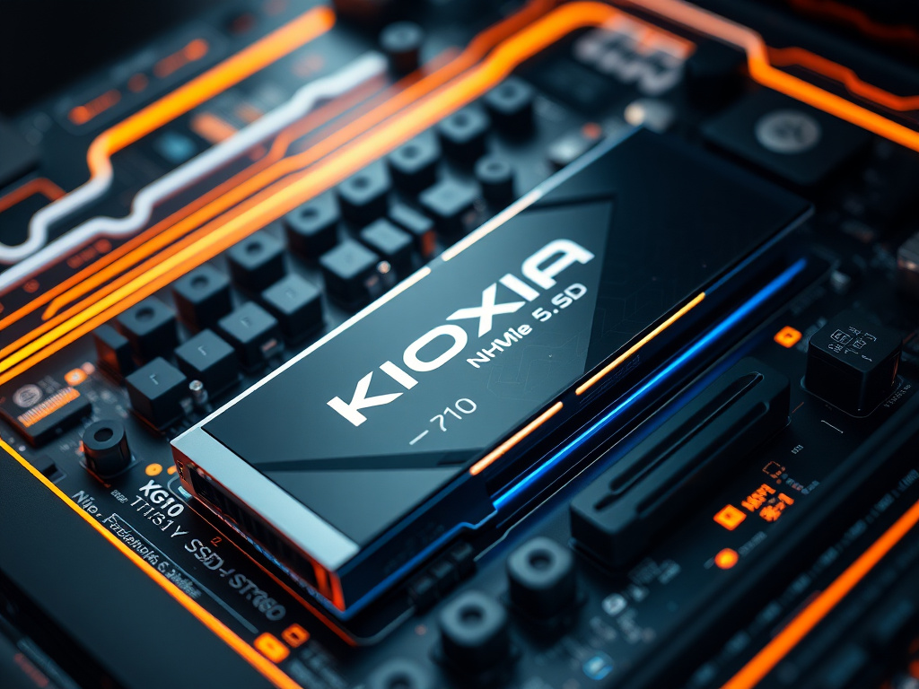 KIOXIA XG10 PCIe 5.0 NVMe SSD installed in a laptop motherboard, showcasing its sleek design
