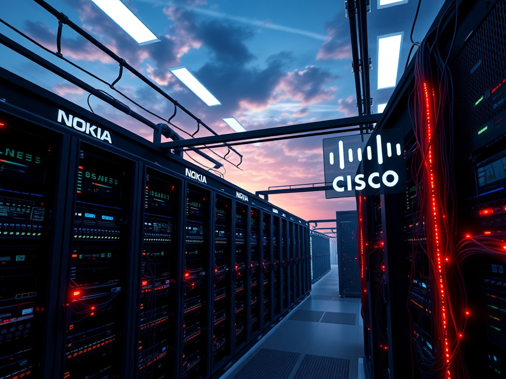Data center with AI-driven networking equipment and Nokia and Cisco branding