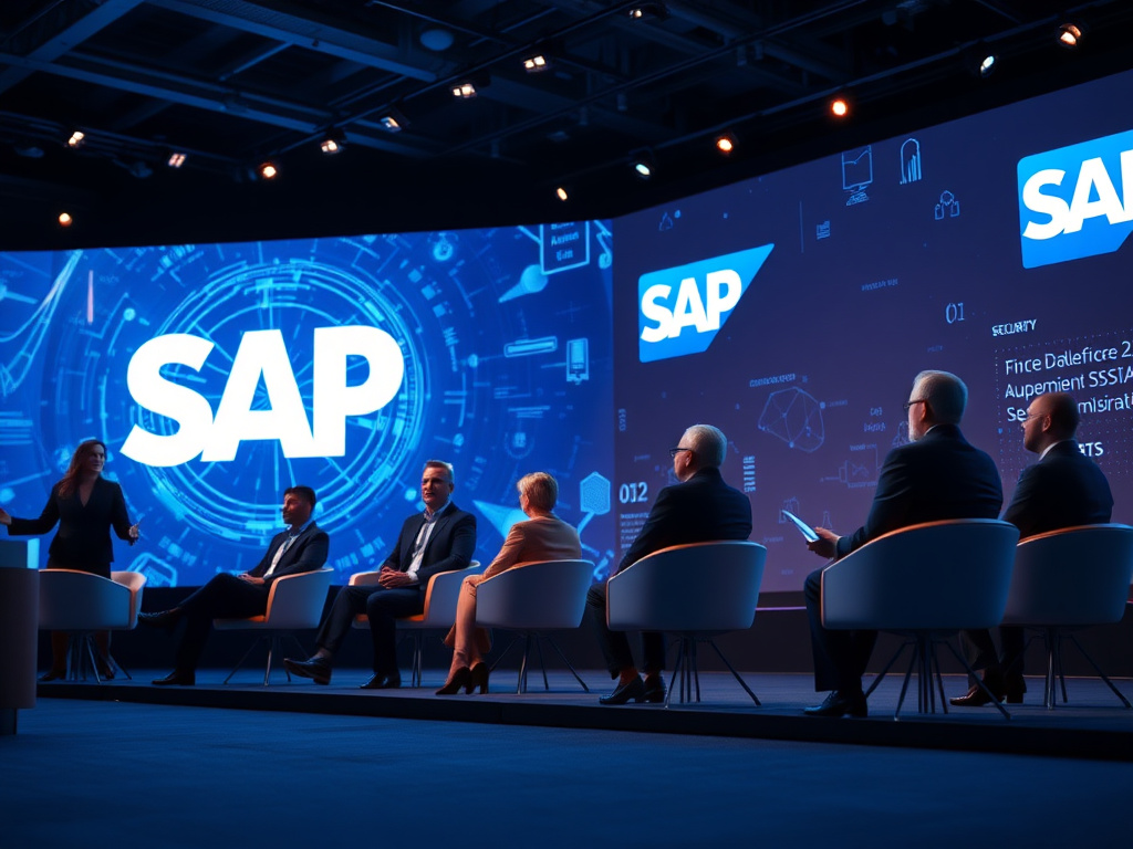 SAP executives presenting AI and API policy updates at a modern conference with holographic data visuals