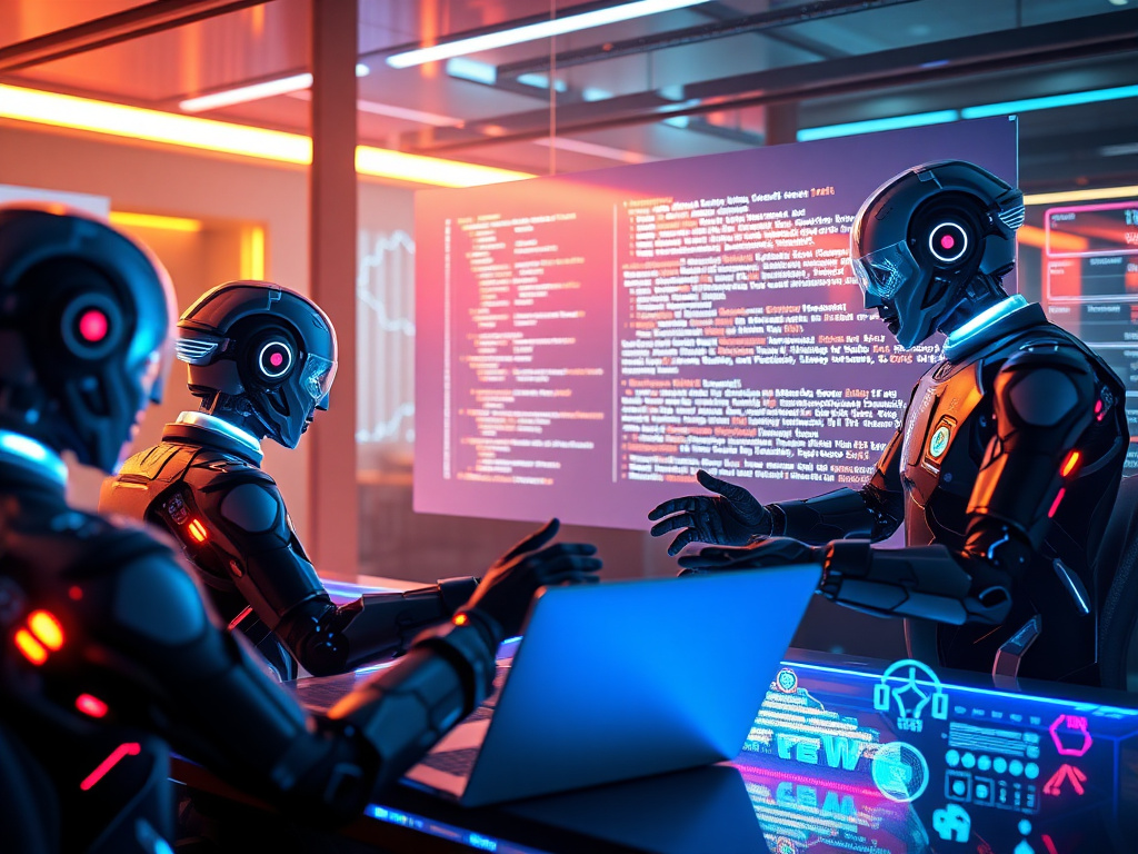 Photorealistic image of AI coding agents working together in a futuristic development environment