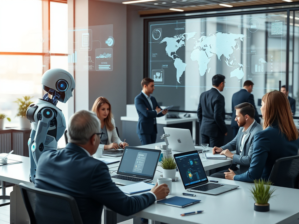 Photorealistic image of AI holograms coordinating workflow with business teams in a modern office