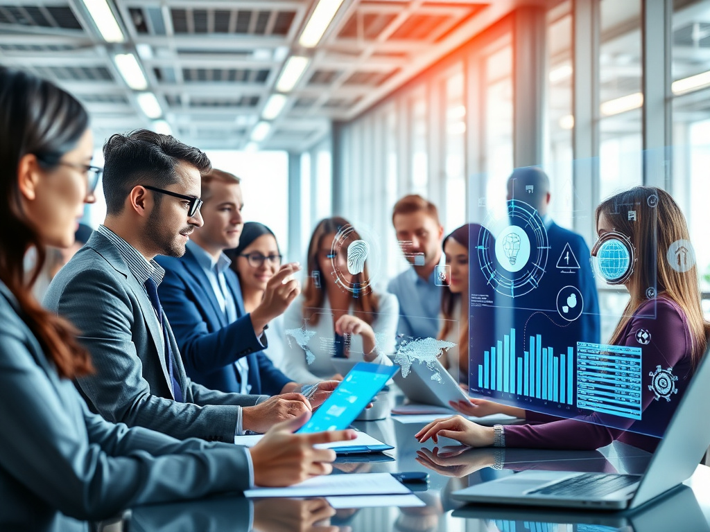 Professionals reviewing AI‑driven data analytics on futuristic holographic displays