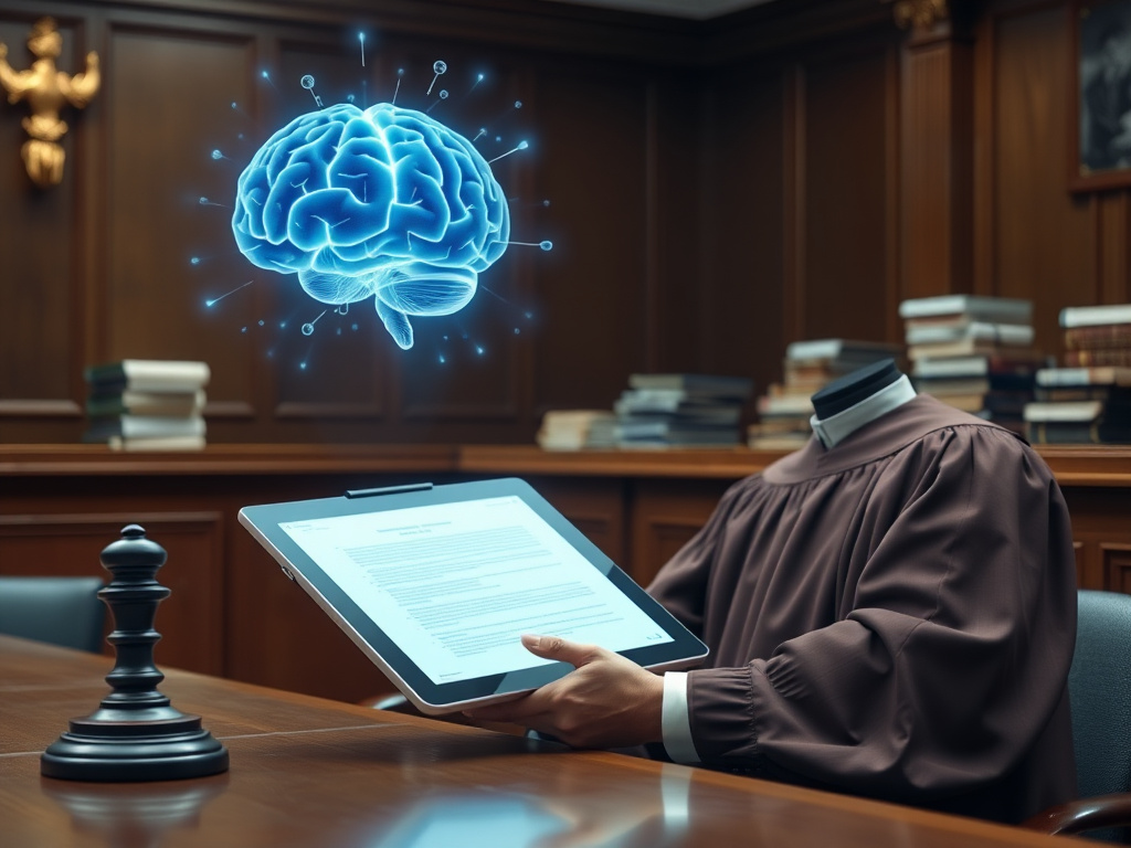 Judge examining AI‑generated legal document in a modern courtroom
