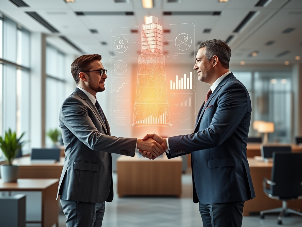 Two executives shaking hands beside a holographic AI governance dashboard