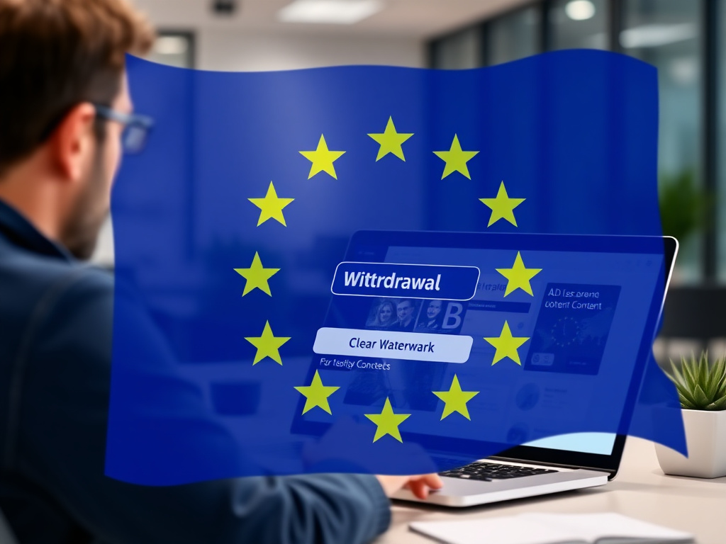 EU flag with AI-generated content watermark and a consumer using a withdrawal button on a laptop