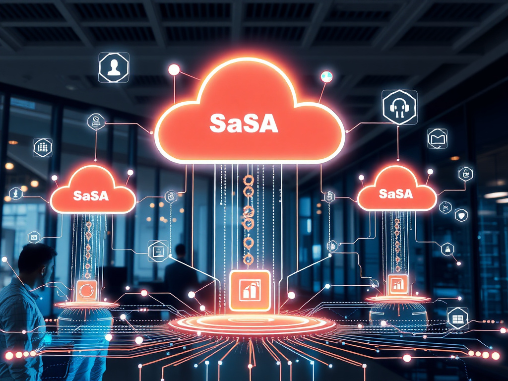Futuristic AI agents managing SaaS platforms and enterprise data in a corporate setting